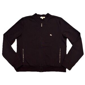 Burberry Full Zip Sweatshirt Mock Neck Black Nova Check Trim Women's Medium